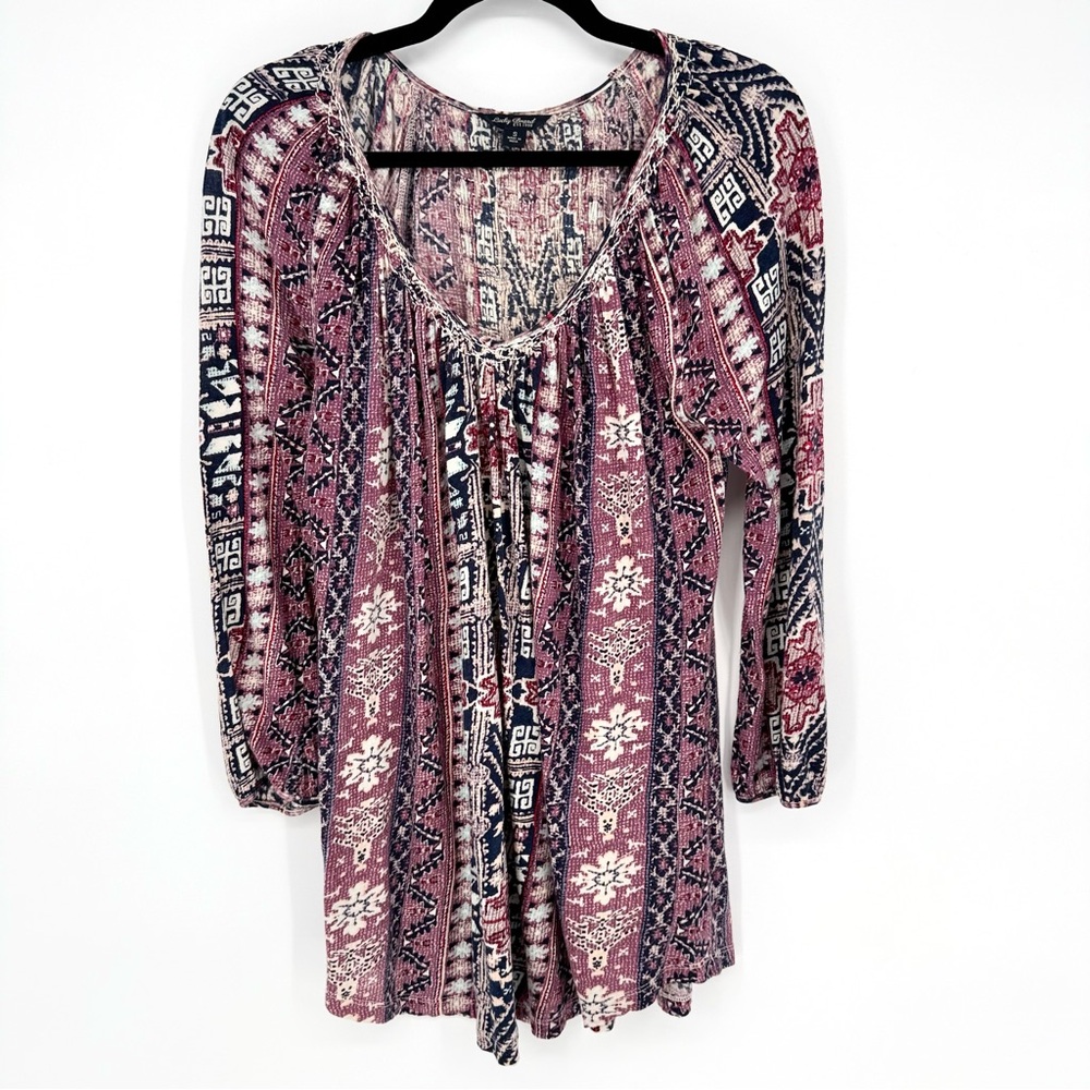 Lucky Brand V Neck Embroidered Smocked Peasant Tunic Top Boho Tribal Y2K Small